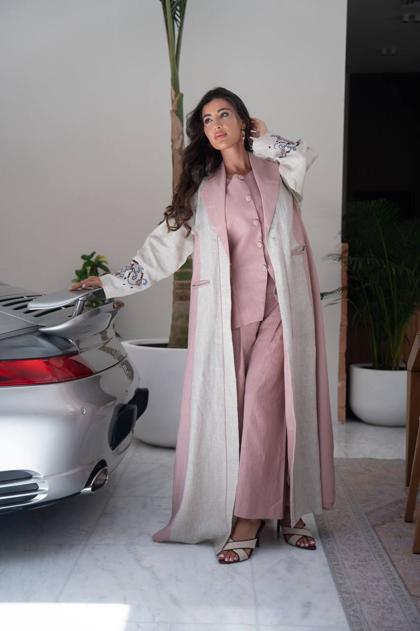Beige linen blazer abaya with embroidery.C:6800