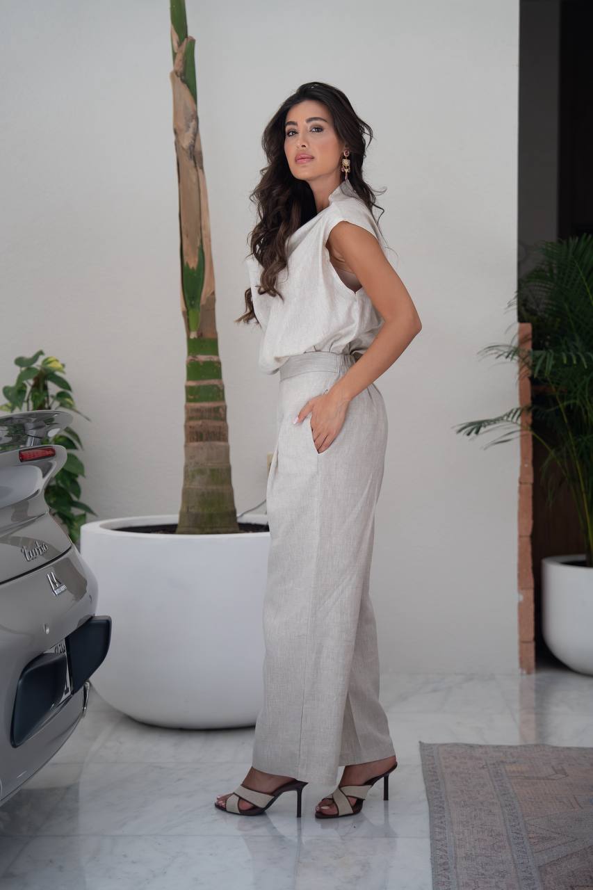 Beige linen blouse and pants set.C:240