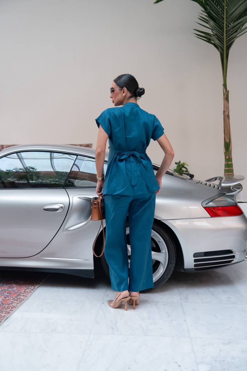 Vest and trousers set, linen in turquoise.C:242