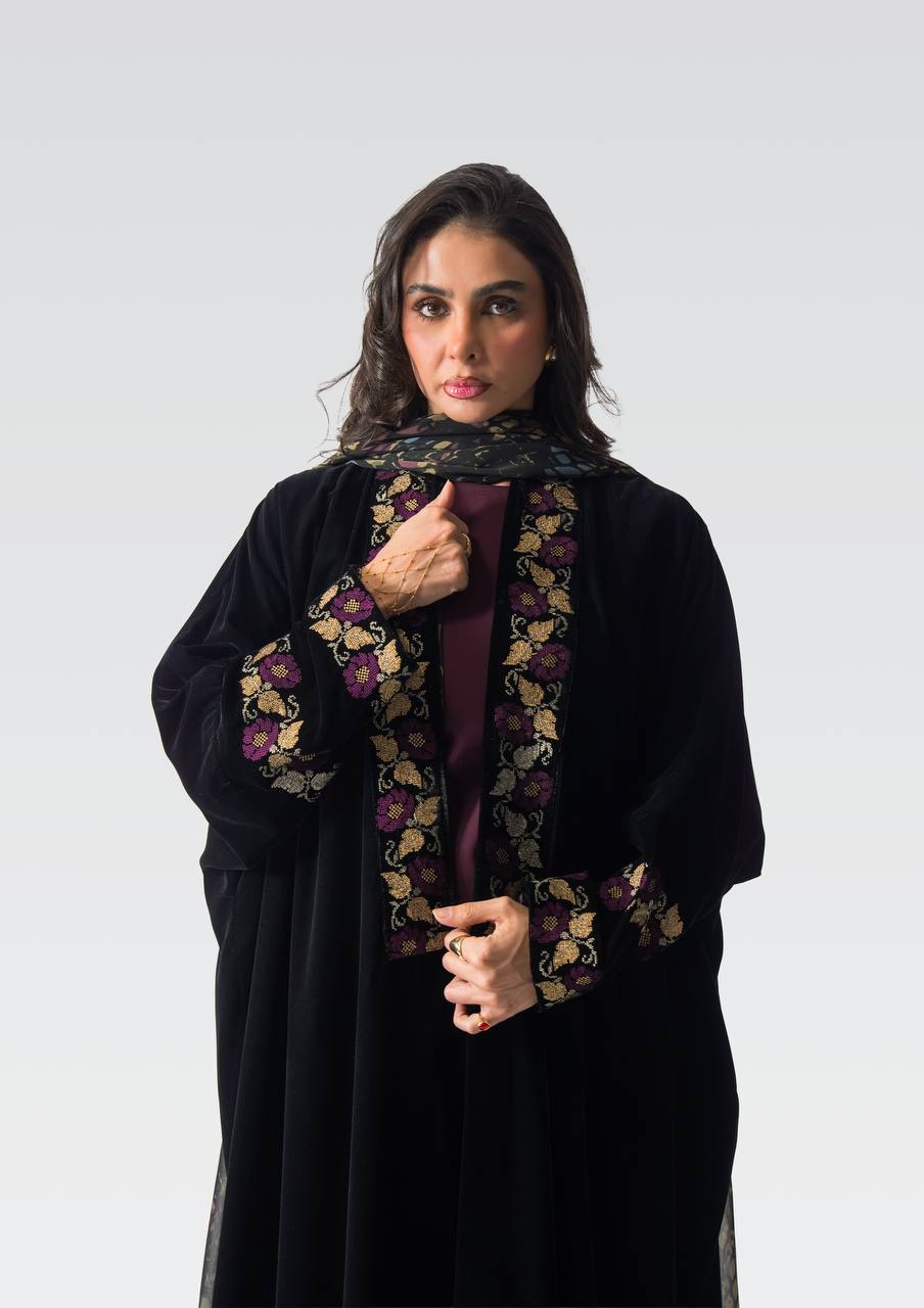 Black velvet bisht with embroidery.C:6833