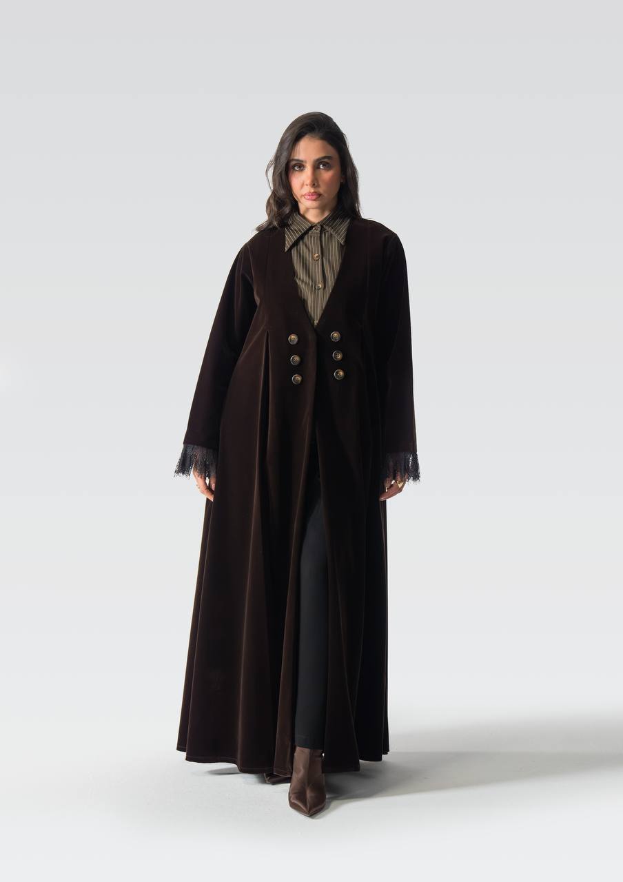 Velvet abaya with striped crepe and lace.C:6837