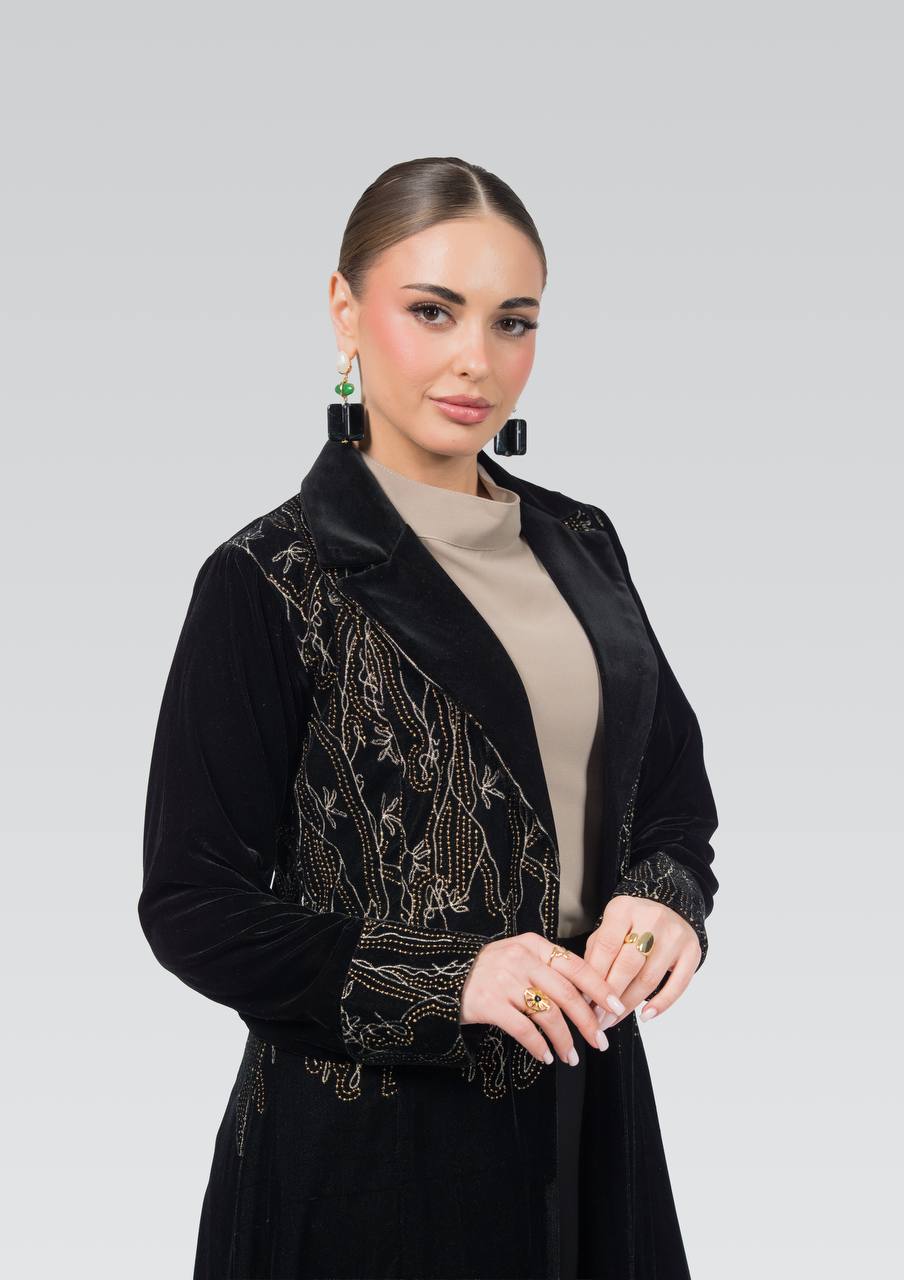 Black velvet abaya with embroidery and hand-beading.C:6840