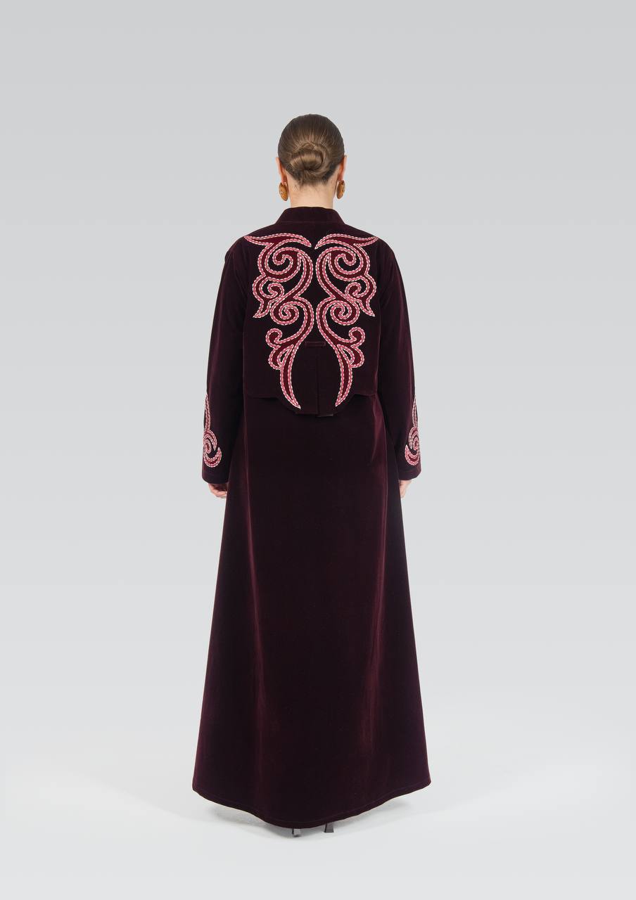 Burgundy velvet abaya with embroidery.C:6842