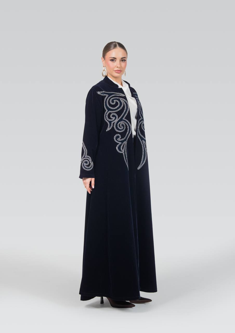 Navy blue velvet abaya with embroidery.C:6842