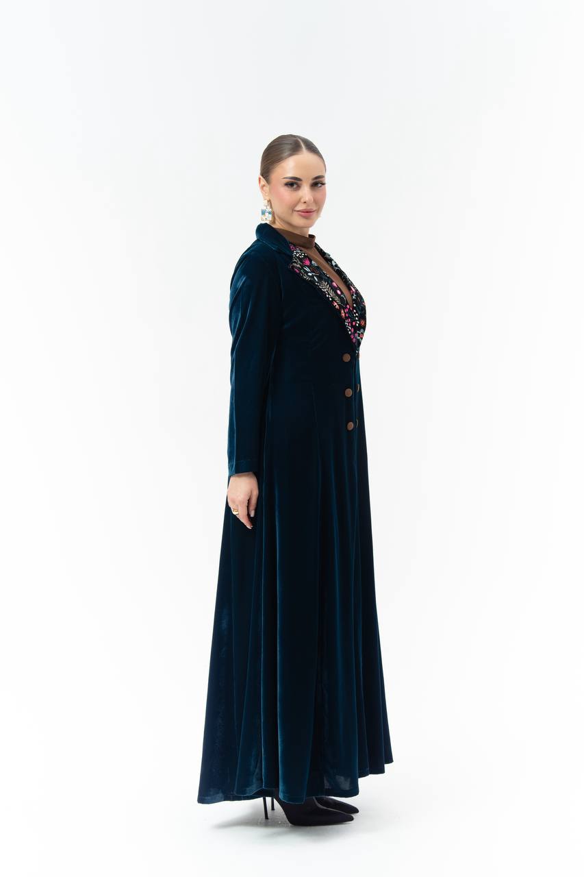 Navy blue velvet abaya with embroidery.C:6845 Blue