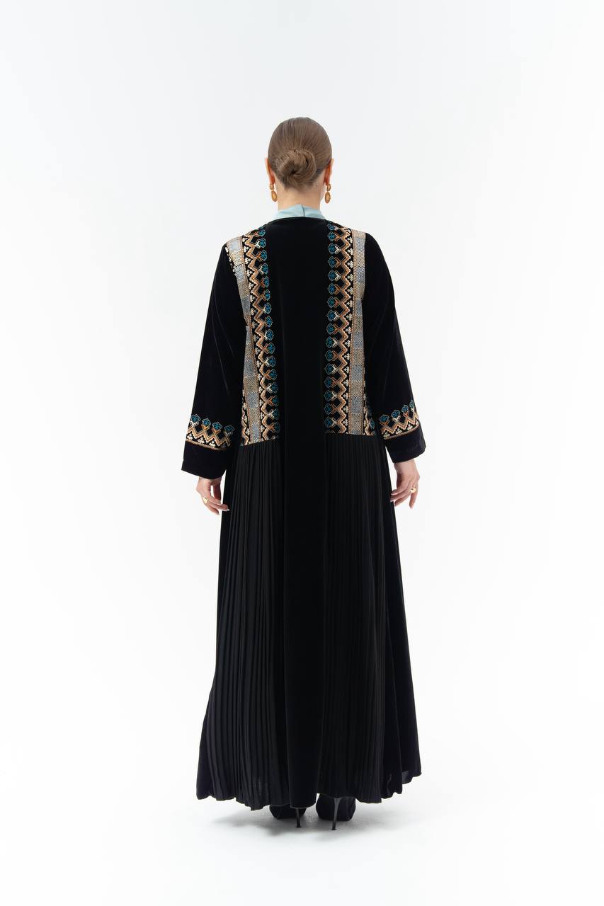 Black velvet abaya with embroidery.C:6846