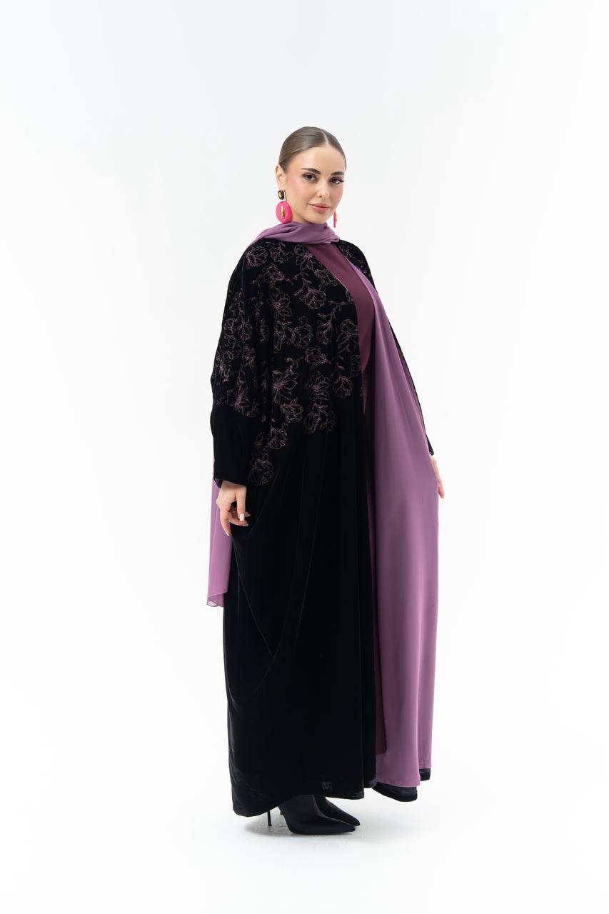 Black velvet Bisht-style abaya with embroidery.C:6843 Pink