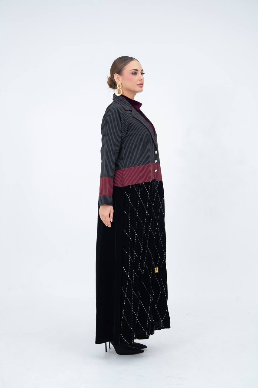 Striped crepe abaya with embroidered velvet.C:6848