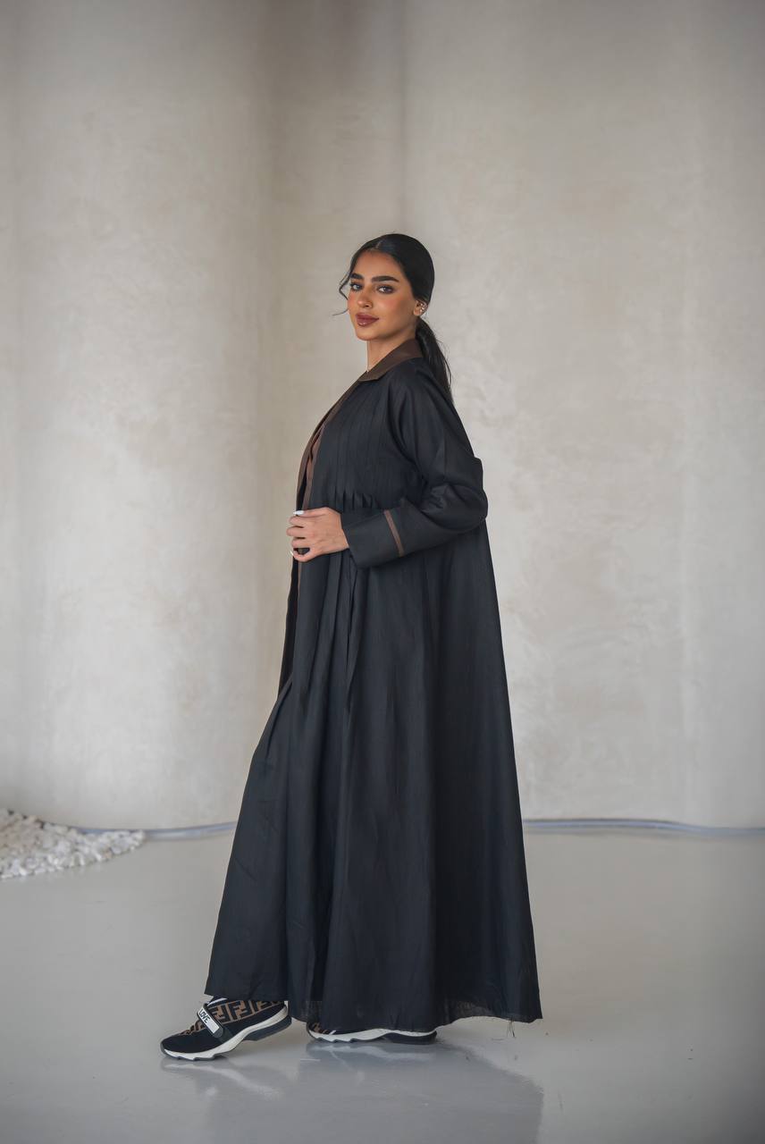 Black blazer abaya with inner set, made of linen C:6636 Black-Brown