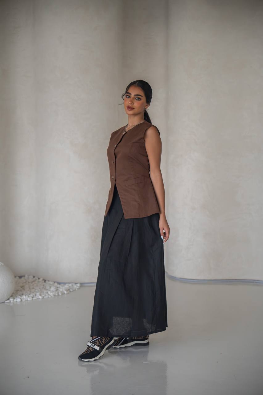 Brown vest set with black linen skirt C:204 Brown - black