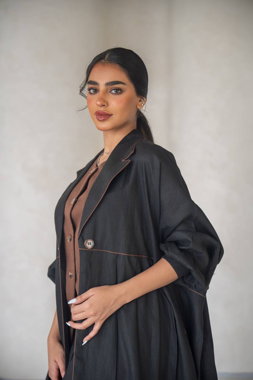 Free size black abaya with inner set, linen C:6641 (free size)