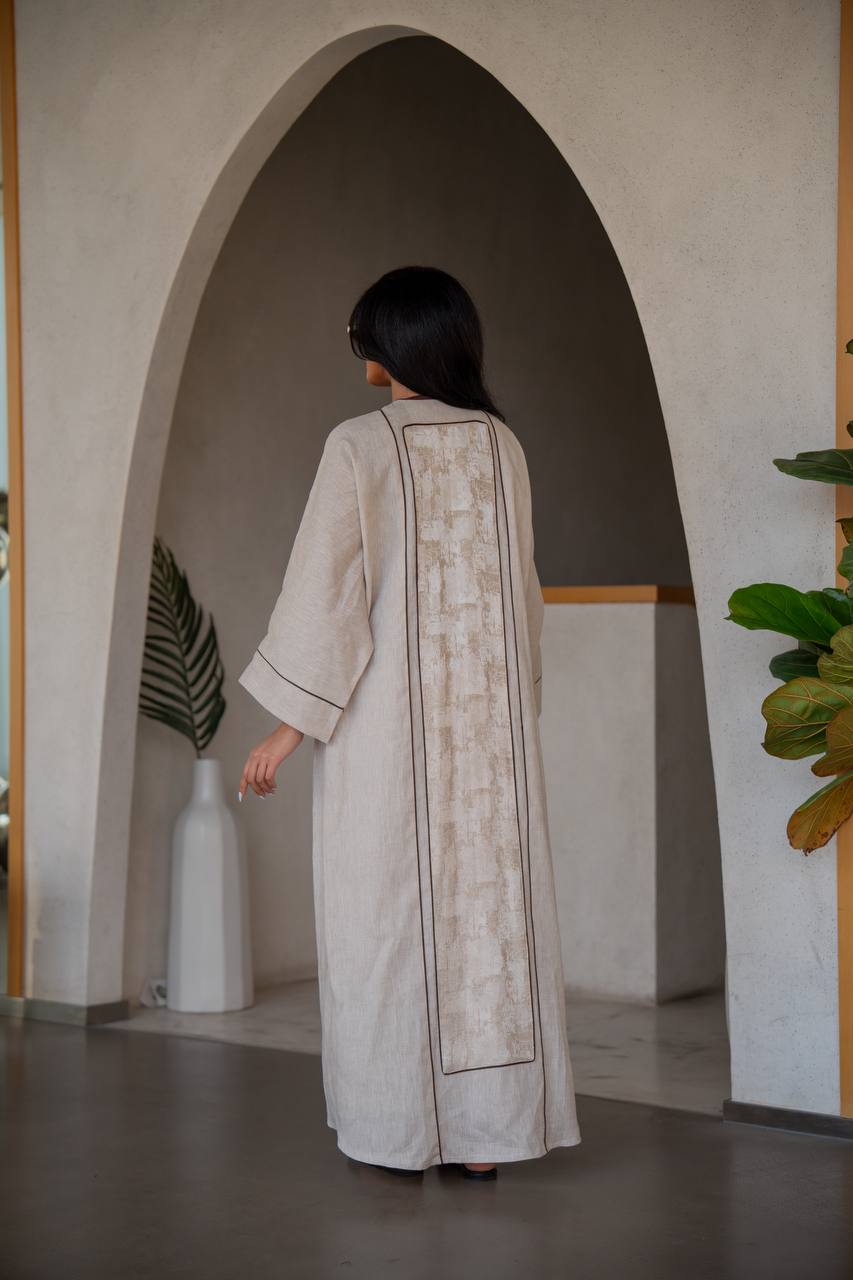 Abaya with inner set, beige, linen C:6635 (Free size)
