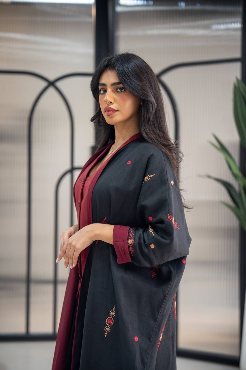 Black linen abaya with embroidery C:6622 Black (Free size)