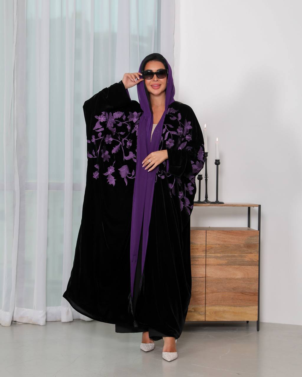 Black velvet Bisht abaya with purple embroidery 6340 purple