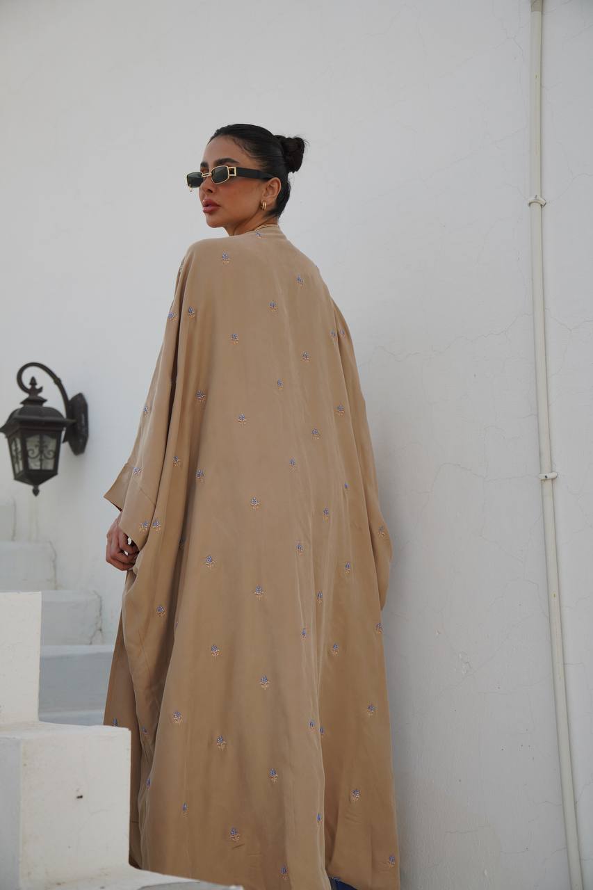 ABAYA CREPE COBRA WITH EMBROIDERY & HANDMADE C:6387BEIGE (FREE SIZE)