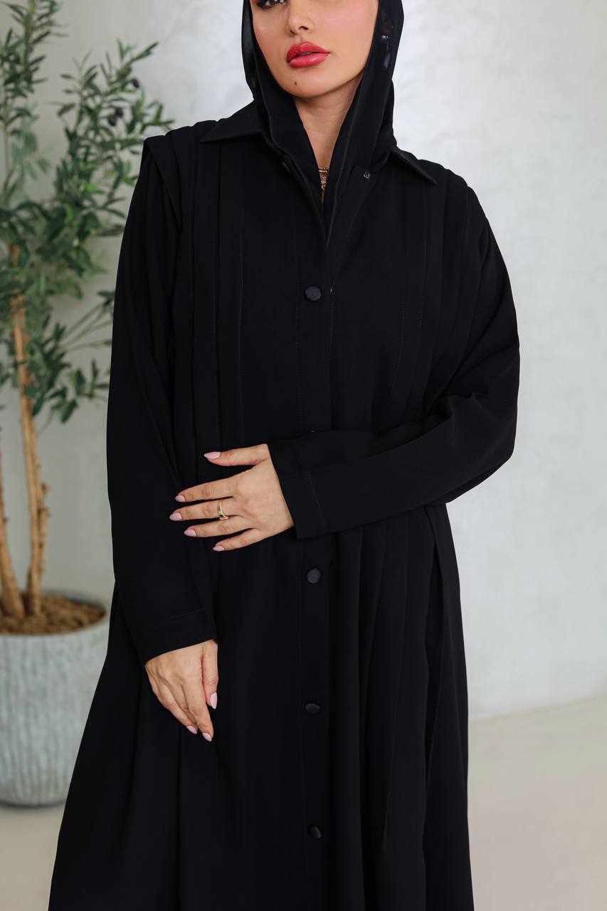 Black crepe abaya with pleats on the sides C:6663