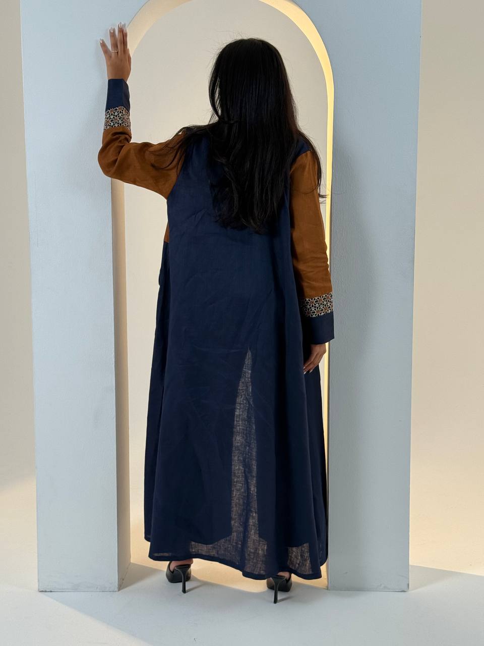 Camel and navy linen abaya with embroidery.C:6692