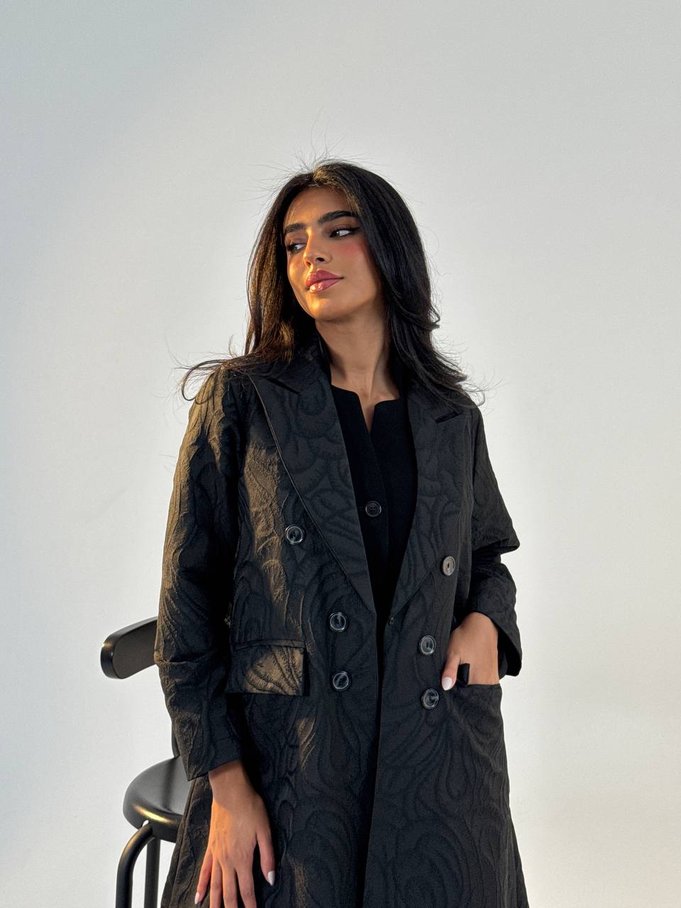 Black crepe jacquard blazer abaya.C:6693
