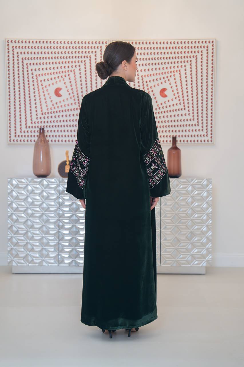 Embroidered velvet abaya, olive green. C:6708