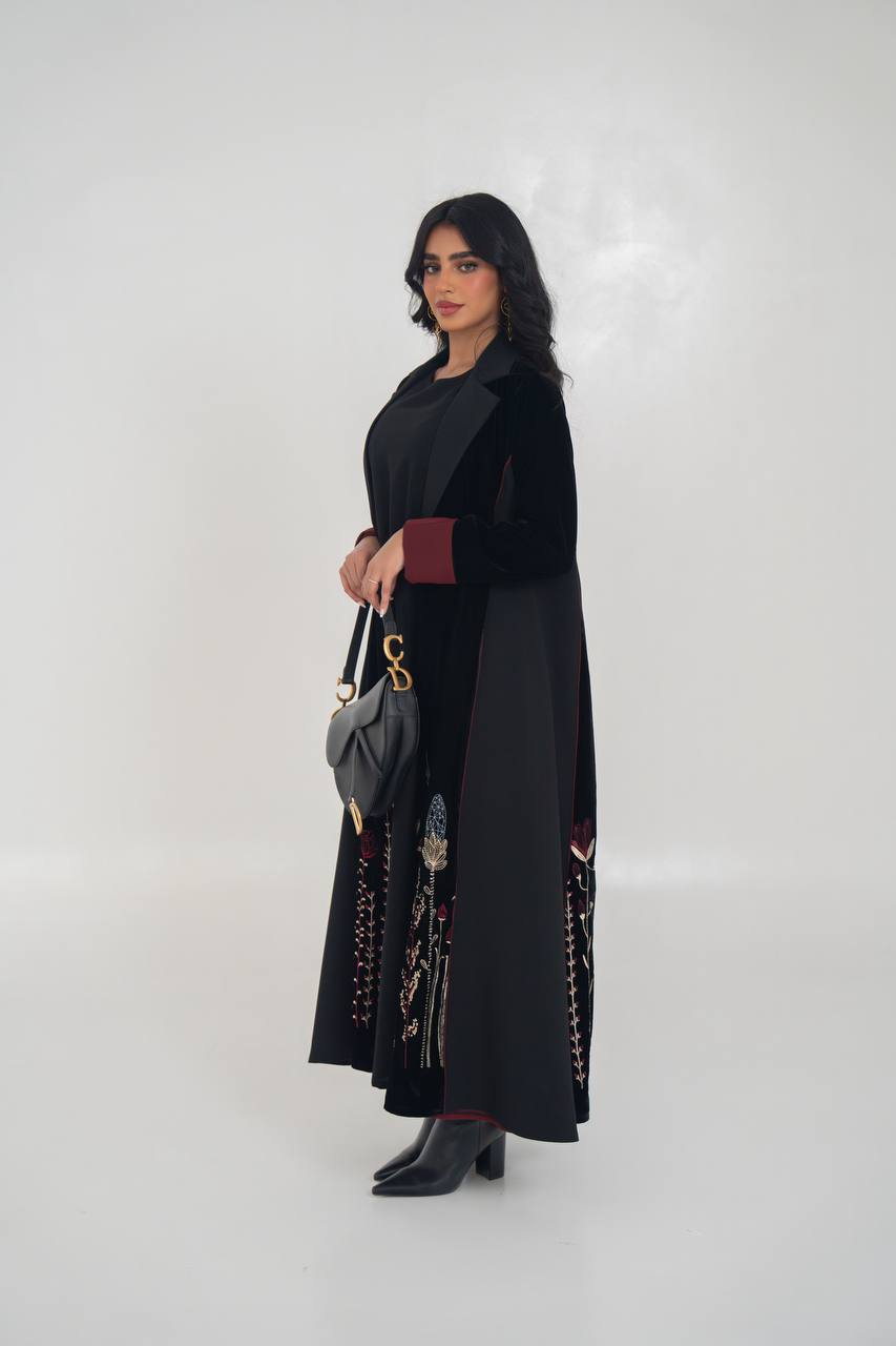 Black velvet blazer abaya with embroidery. C:6712