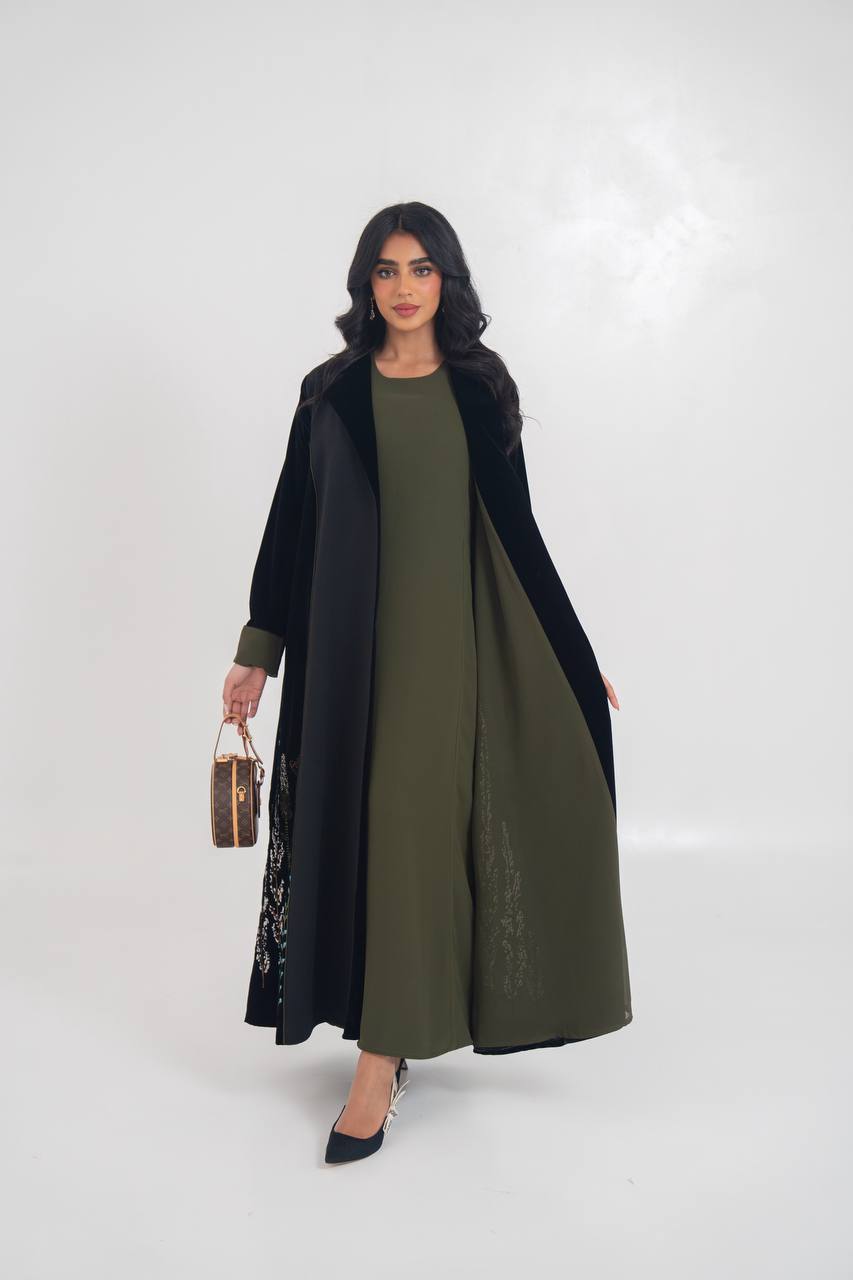 Velvet blazer abaya with crepe and embroidery. C:6711