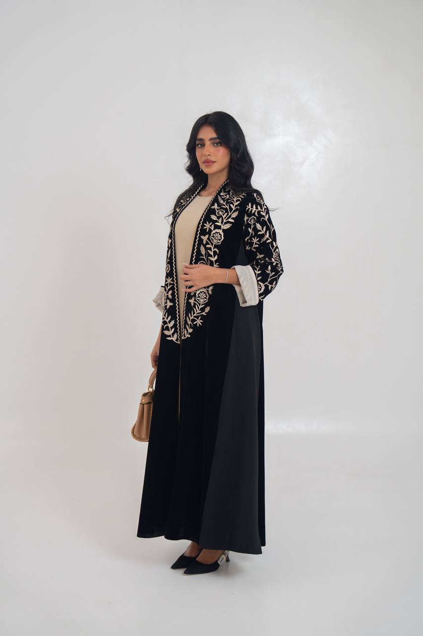 Black velvet abaya with embroidery. C:6710