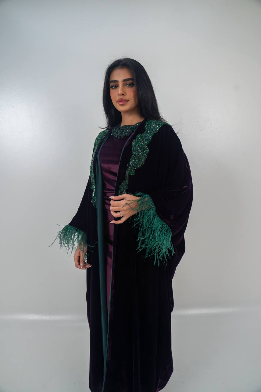 Velvet bisht and dress set in royal purple with hand embellishment.C:6715