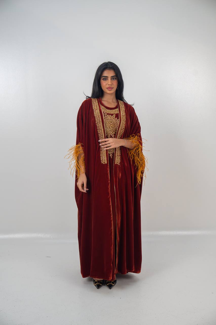 Bisht and dress set in burgundy velvet with hand embellishment.C:6714