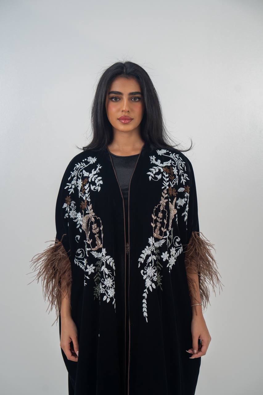 Velvet bisht and jumpsuit set in black with hand embellishment.C:6719