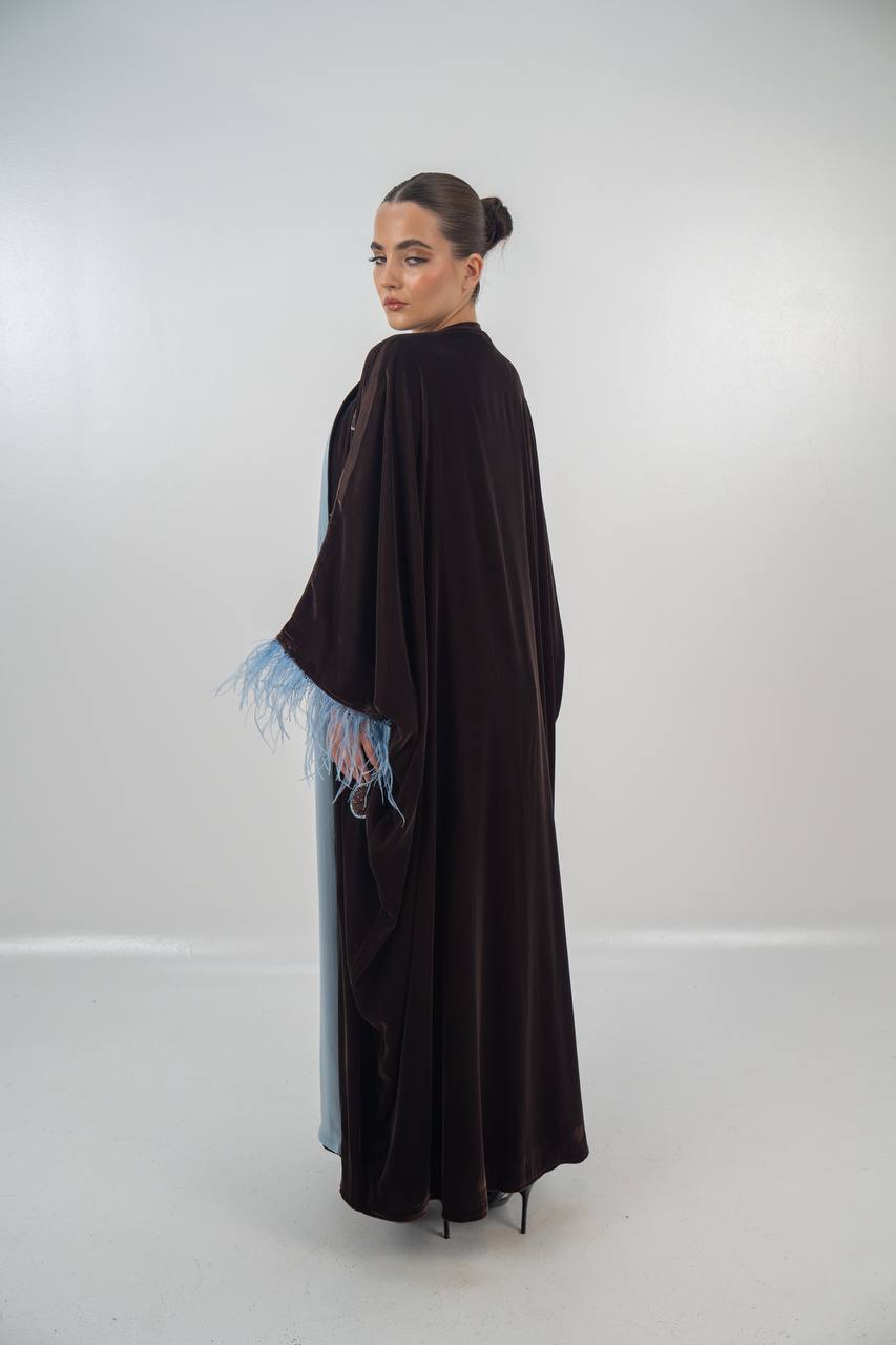 Bisht and dress set in brown velvet with hand embellishment.C:6718
