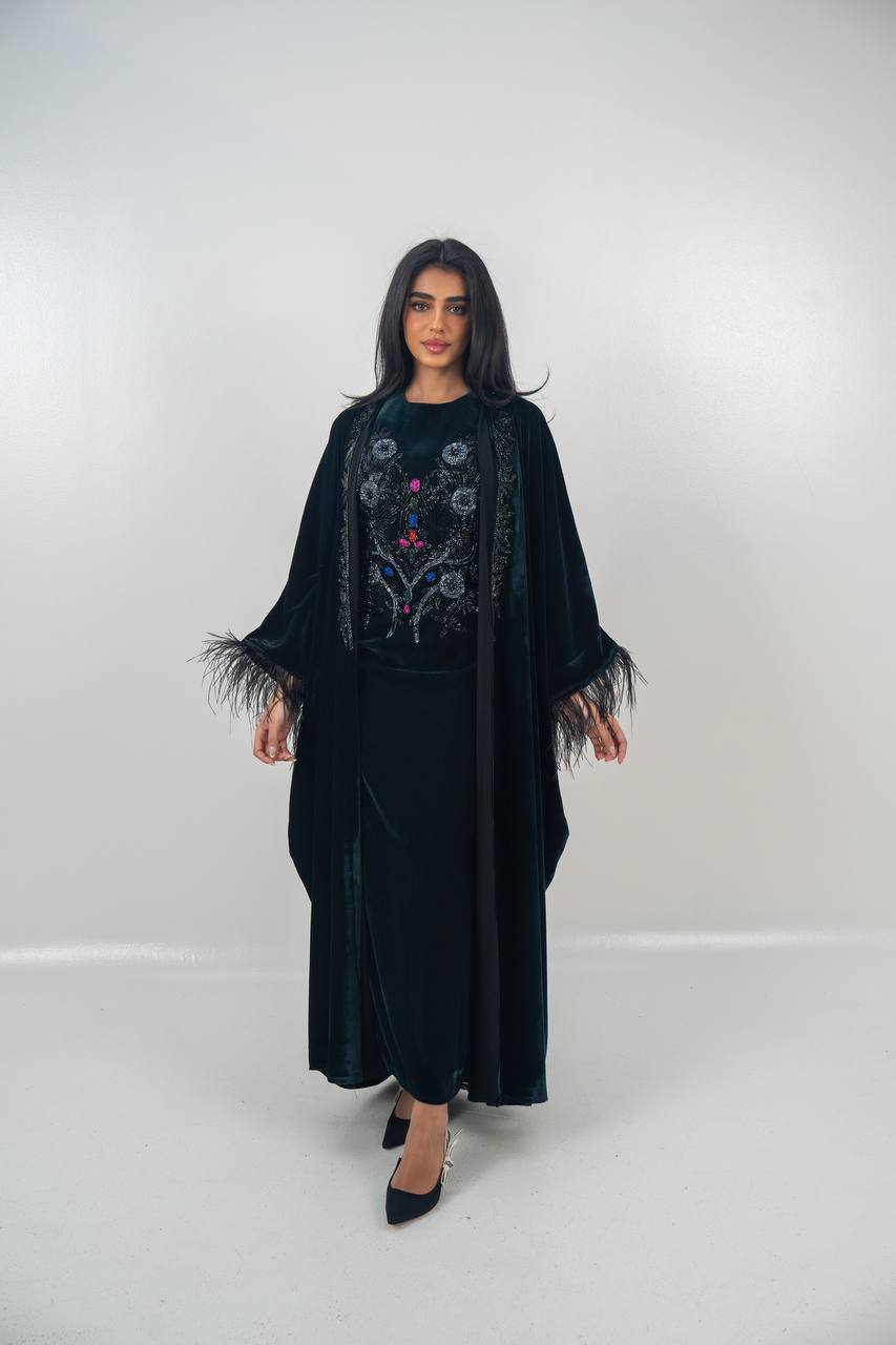A set of bisht and dress, velvet in olive green with hand embroidery..C:6716