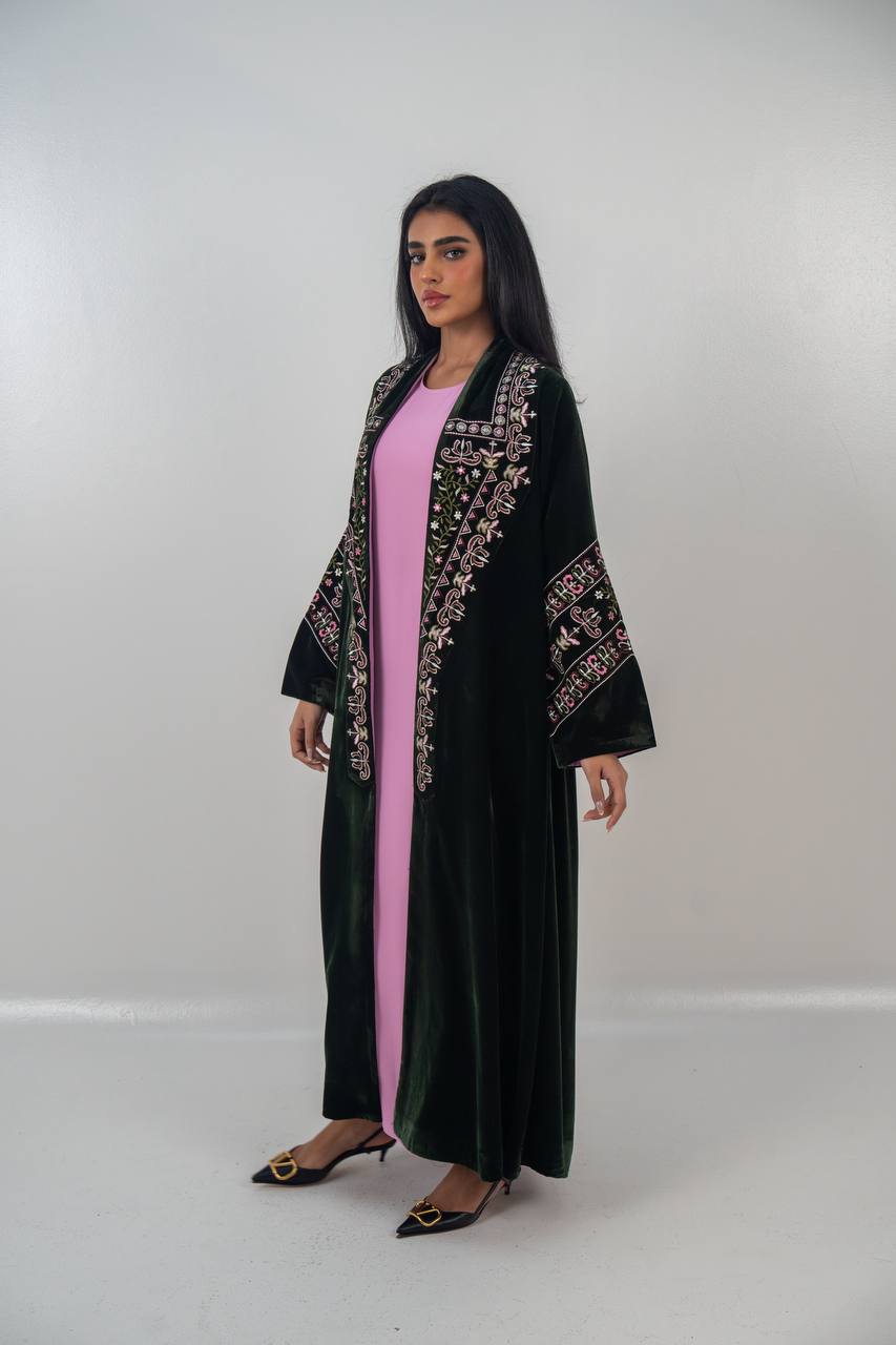 Embroidered velvet abaya, olive green. C:6708