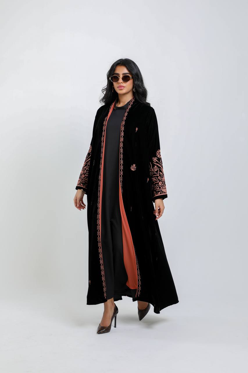 Black velvet abaya with orange embroidery. C:6721