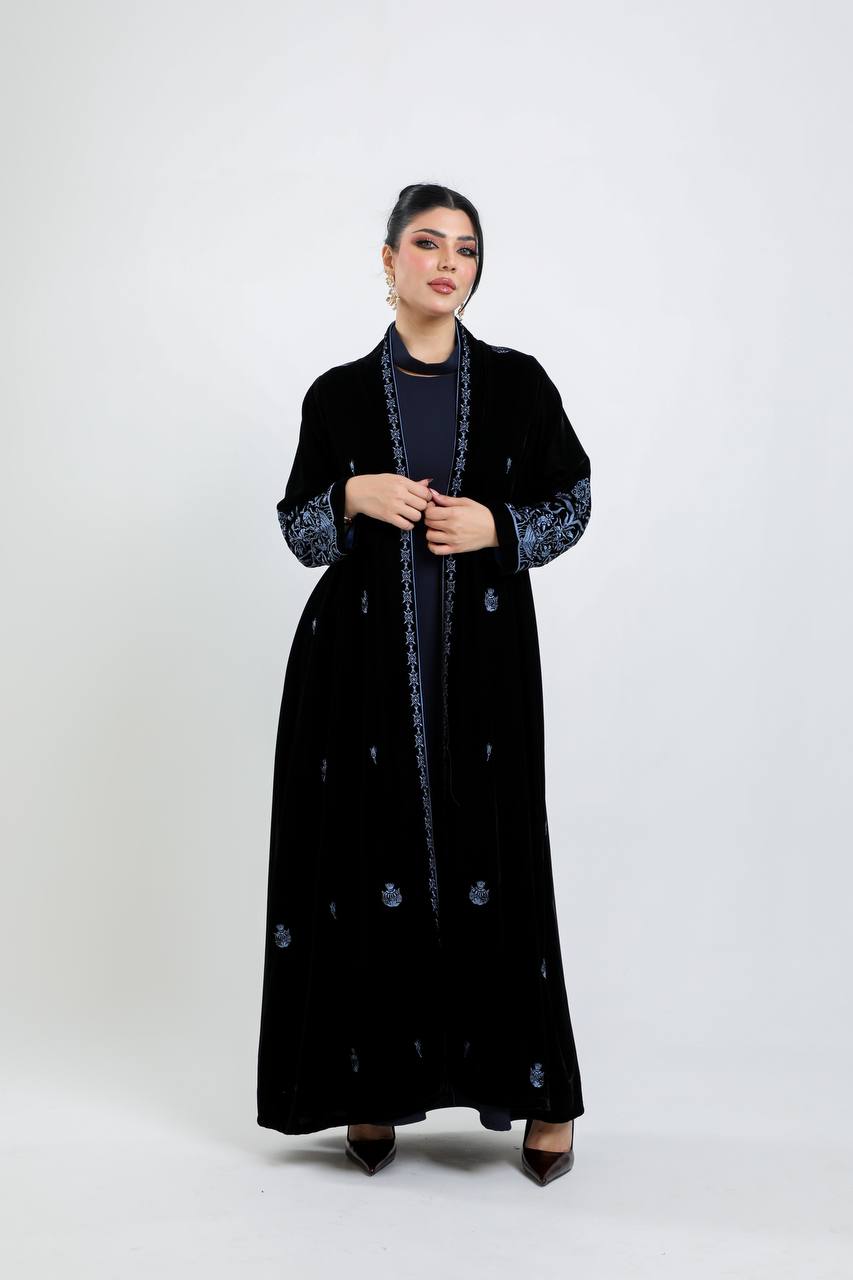 Black velvet abaya with blue embroidery. C:6721 Blue