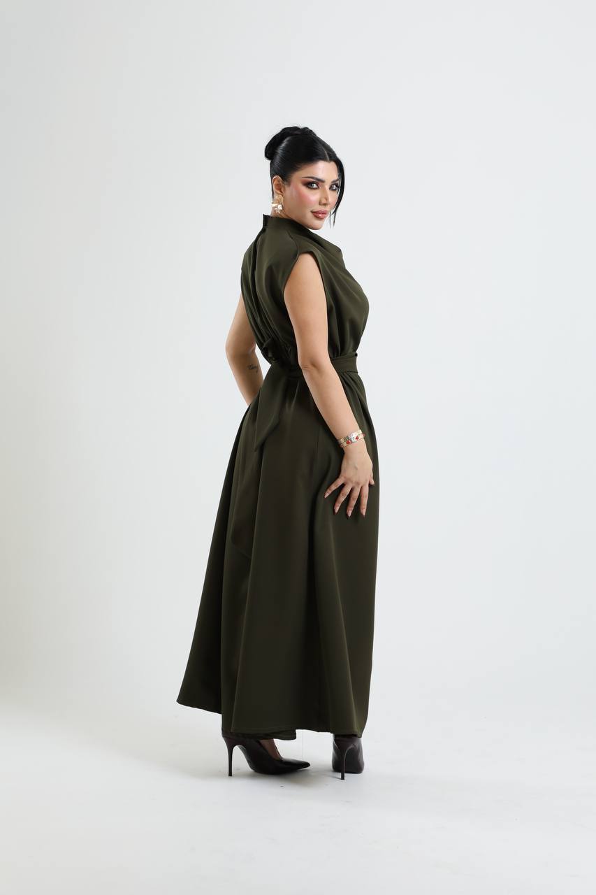 crepe dress in olive green. C:198 Green