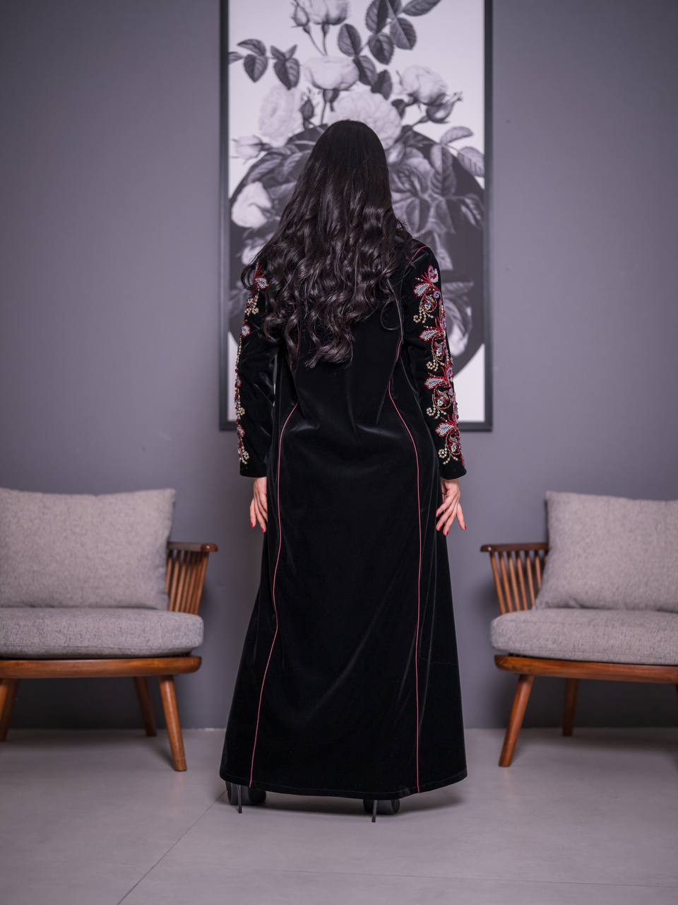 Black velvet blazer abaya with hand-stitched details. C:6735