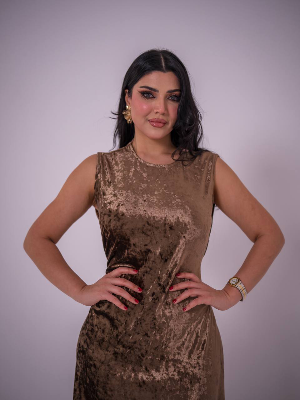 brown stretch velvet dress. C:223 Brown