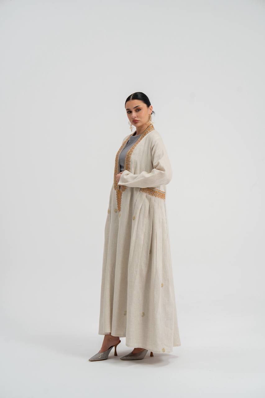 Linen abaya in light beige with embroidery. C:6745