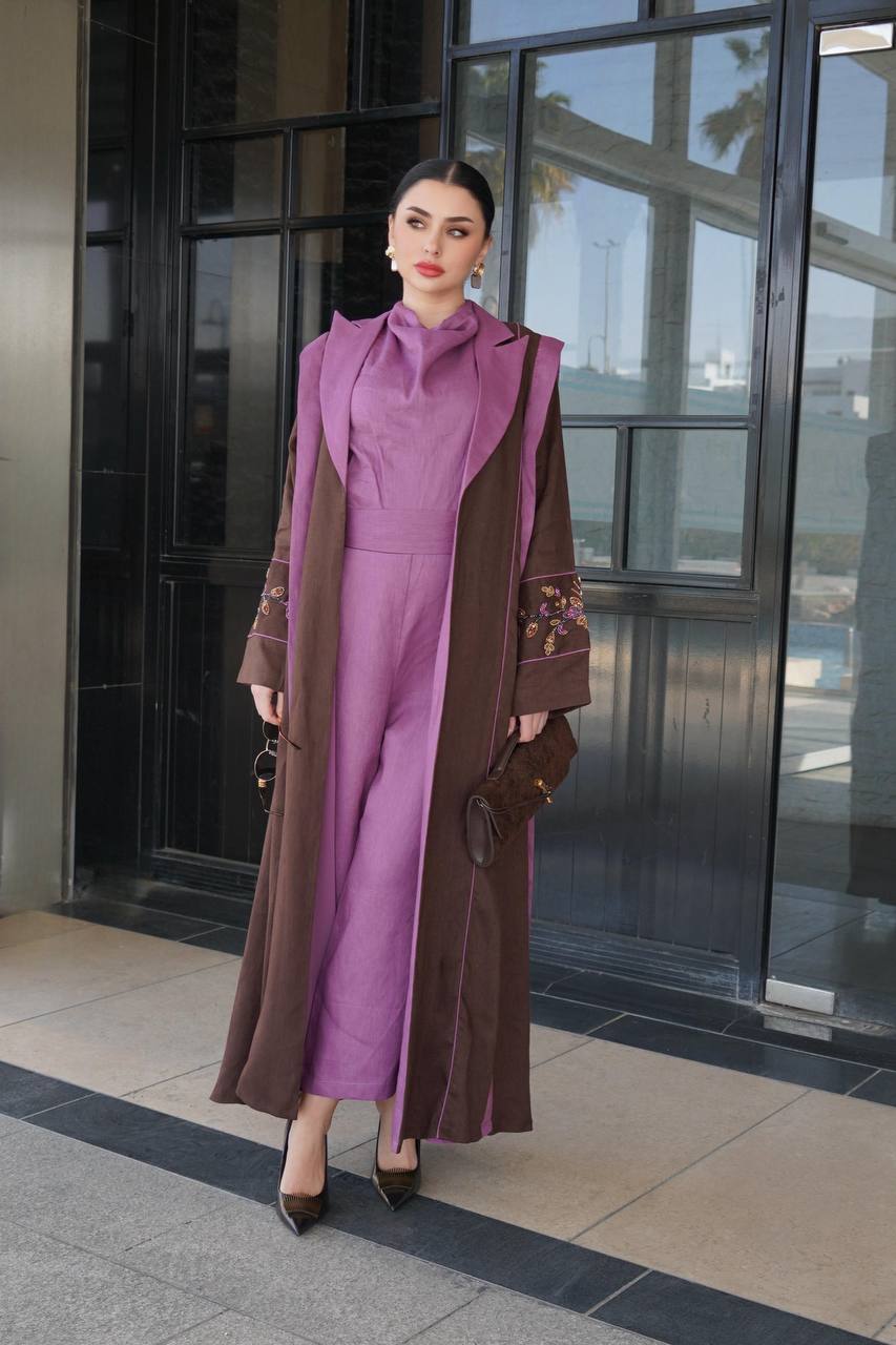 Brown linen blazer abaya with embellishments. C:6755
