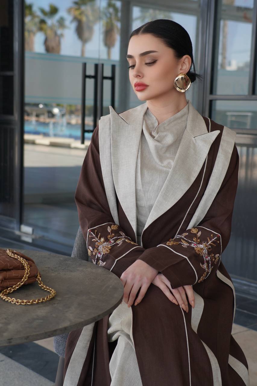 Brown linen blazer abaya with hand-stitched details. C:6755
