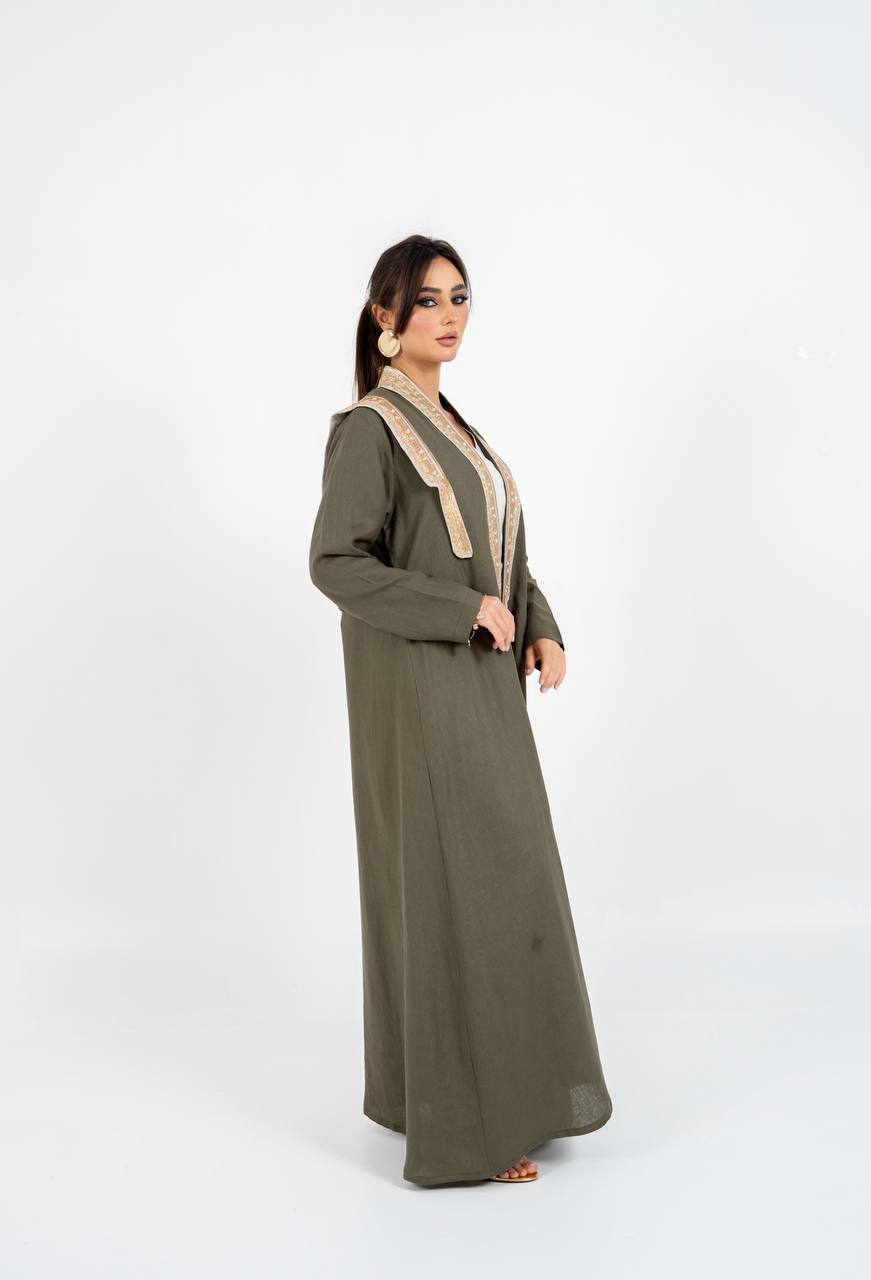 Linen abaya in olive green with embroidery. C:6762