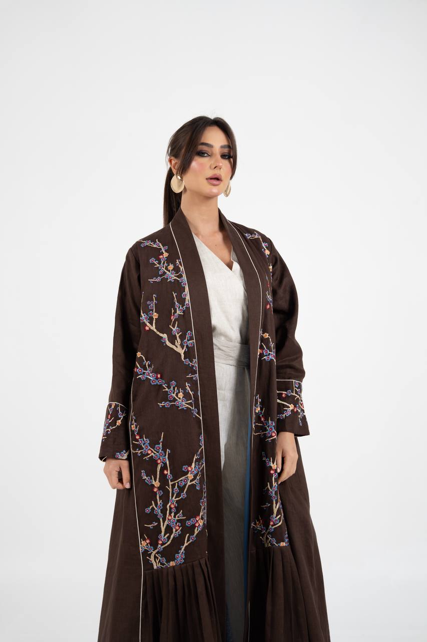 Linen abaya in brown with embroidery. C:6760