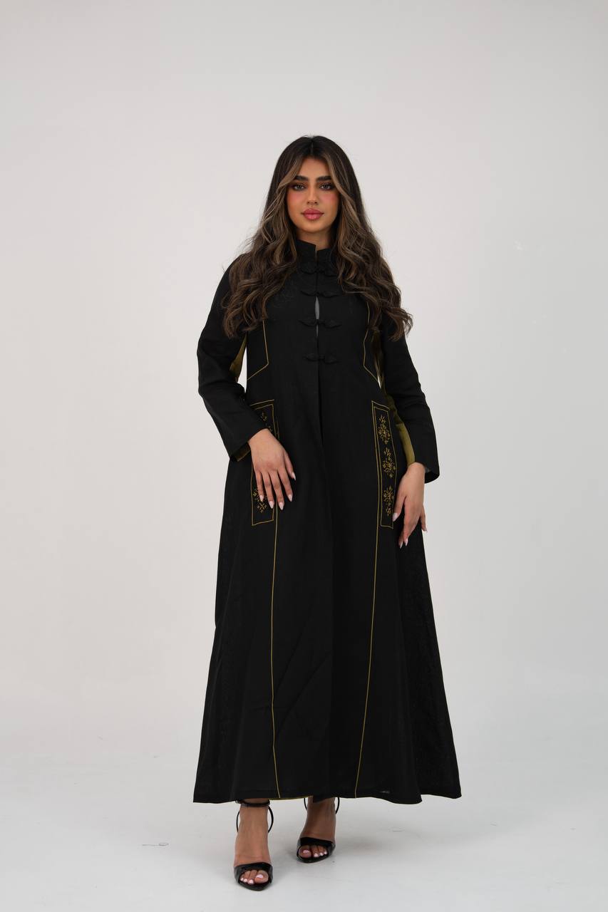 Linen abaya in black with hand embroidery. C:6766