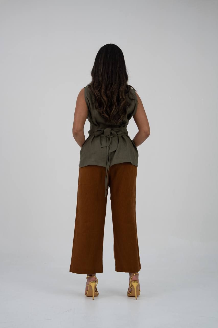 Linen blouse and pants set. C:229 Green/Camal