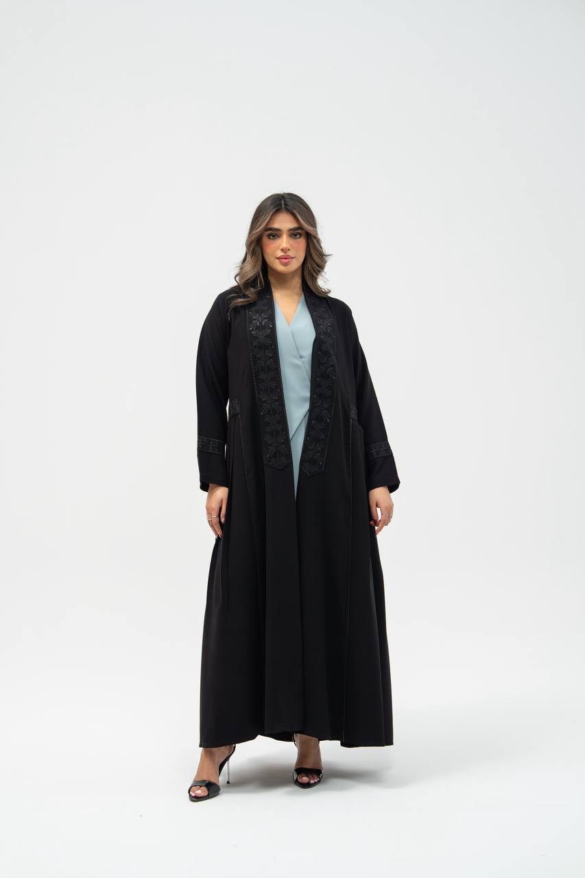 Black crepe abaya with hand-stitched details.C:6700 black crepe