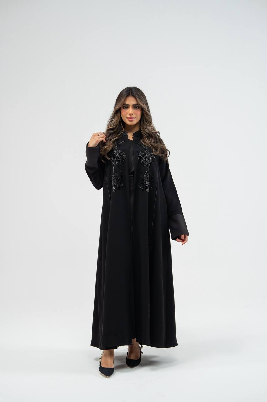 Black crepe abaya with hand-stitched details. C:6748 black.  crepe