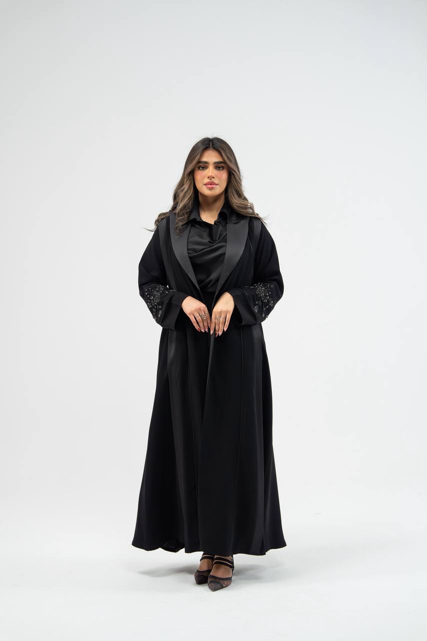 Black crepe fabric abaya with satin. C: 6755 black crepe