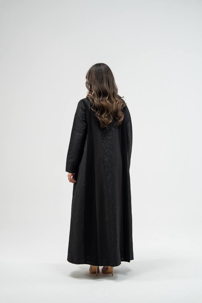 Black crepe abaya with jacquard detailin.  C:6775