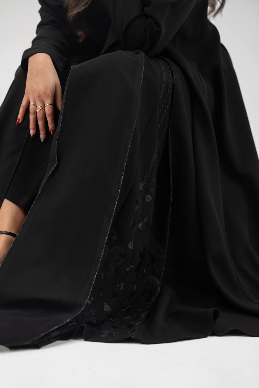 Black crepe abaya with embroidery. C:6770 BLACK