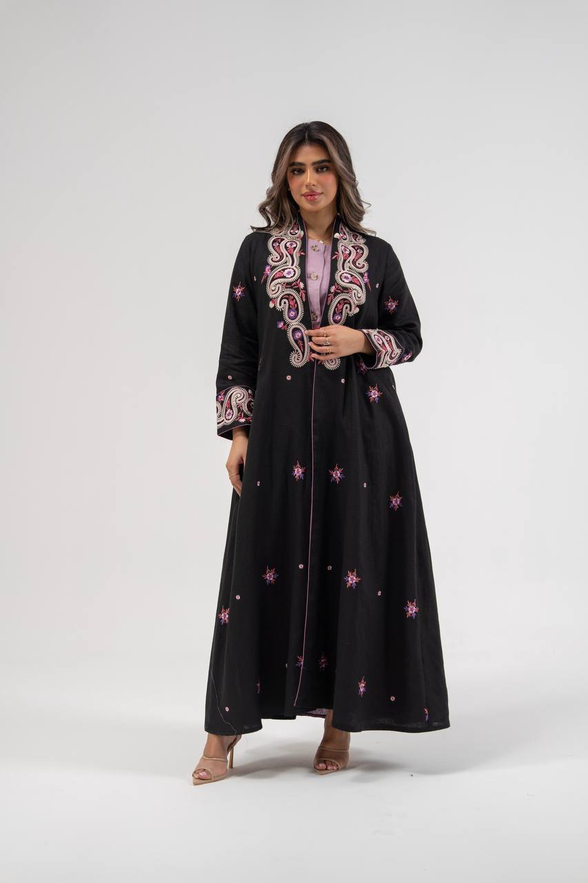 Linen abaya in black with embroidery. C:6772 Black